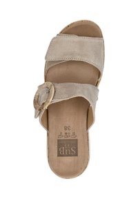 Beige suede slide sandal with two straps and a large circular buckle. Contoured footbed with a light, textured sole. Size 38.