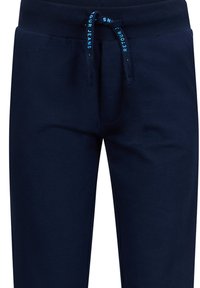 Marineblaue Sweatpants mit elastischem Bund und Kordelzug, ausgestattet mit Logodetails an den Schnüren, glatter Textur und schmalem Schnitt.