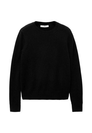 Suéter negro de cuello redondo hecho de tejido suave, con mangas largas y un diseño limpio y sencillo, sin patrones o acentos distintivos.