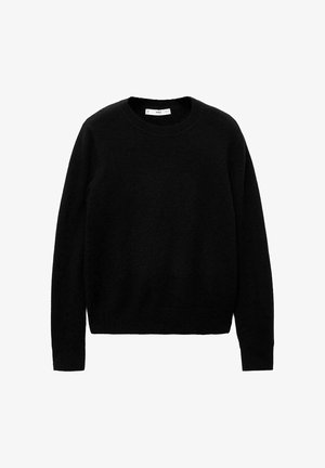 Czarny sweter z okrągłym dekoltem, wykonany z miękkiego materiału, z długimi rękawami oraz prostym, minimalistycznym fasonem bez wyraźnych wzorów czy akcentów.