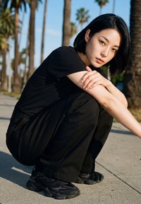Young woman with short black hair squats on sidewalk wearing black clothes and sneakers, palm trees line the background.