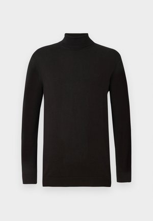 Suéter negro de cuello alto en una suave tela de punto. Presenta mangas largas y un diseño ajustado con un cuello y un dobladillo acanalados. Marca mínima.