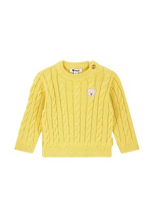Geel gebreid sweater met kabelpatroon, ronde halslijn, lange mouwen en een klein berenpatch op de borst. Bevat een knopenaccent.