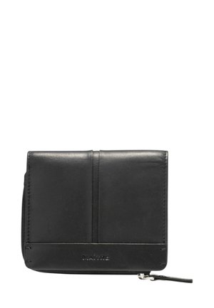 Black leather wallet with a zip closure, featuring a smooth texture, two card slots, and subtle embossed branding on the front.