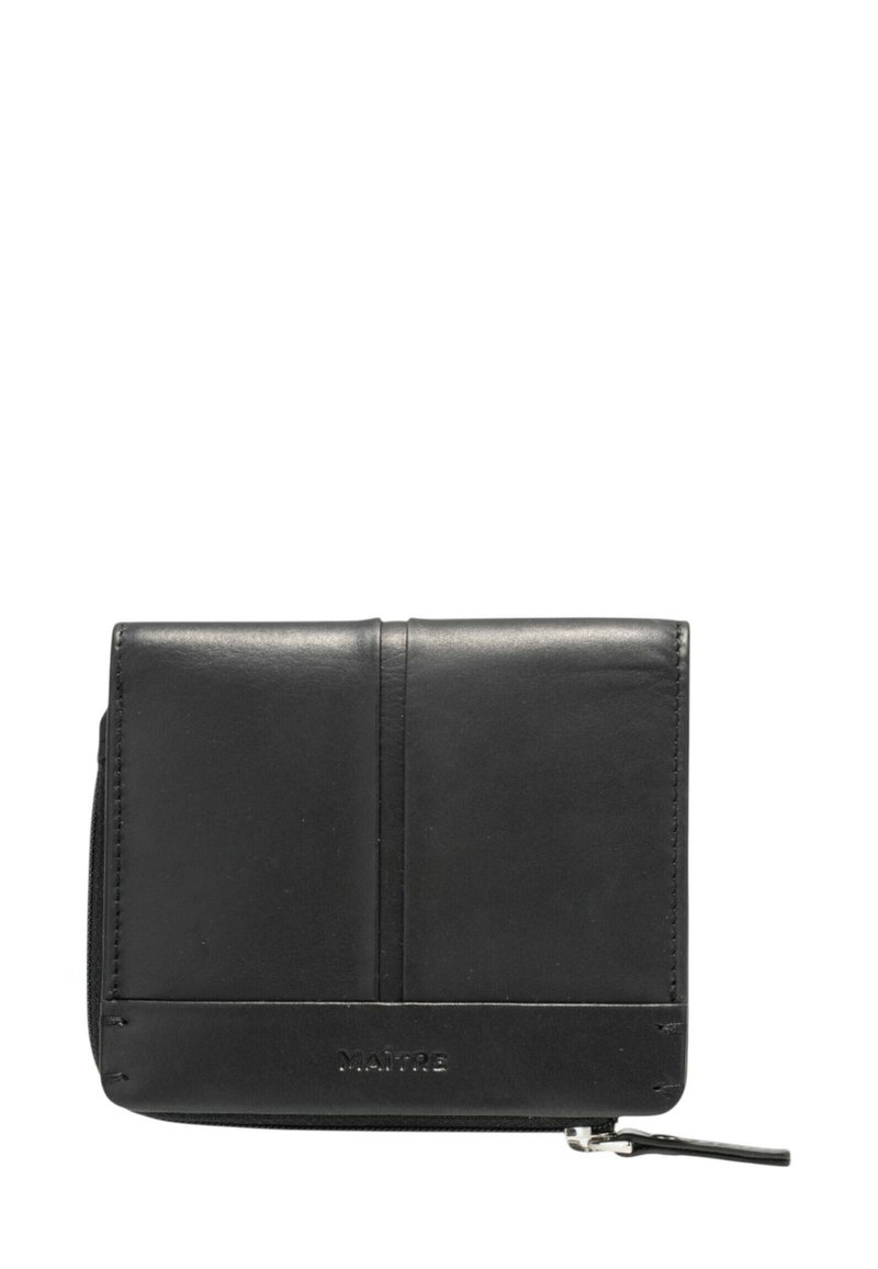 Schwarzes Lederportemonnaie mit Reißverschluss, das eine glatte Textur aufweist, zwei Kartenfächer hat und dezente geprägte Markenkennzeichnung auf der Vorderseite trägt.