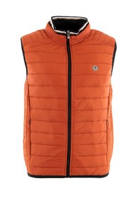 Gilet orange rembourré avec col haut, fermeture éclair et finitions noires. Présente des coutures verticales et des poches latérales. Icône sur la poitrine.