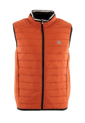 Gilet orange rembourré avec col haut, fermeture éclair et finitions noires. Présente des coutures verticales et des poches latérales. Icône sur la poitrine.