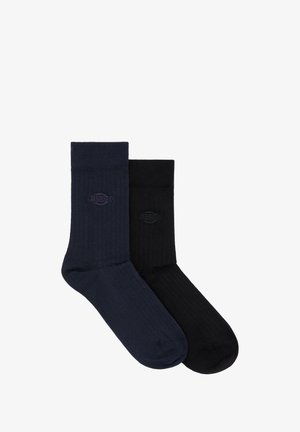 Dos pares de calcetines acanalados: uno en azul marino oscuro y el otro en negro, cada uno con un pequeño logo grabado en el tobillo.