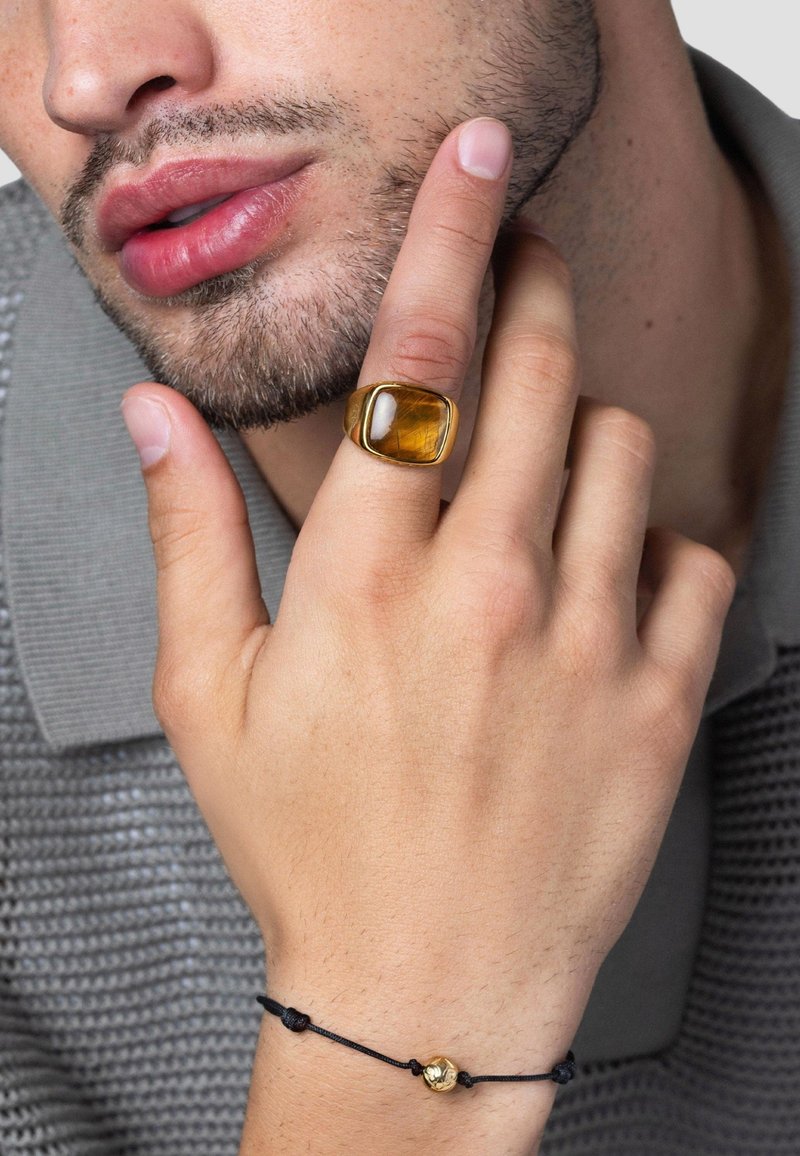 Guldring med en stor, rektangulær ravsten, båret på hånden med fingrene berørende hagen. Sort snorearmbånd med en guldaccentperle.