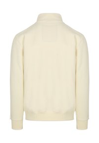 Cream-colored sweatshirt with a high collar, long sleeves, and ribbed cuffs. Features a rectangular patch on the upper back. Soft texture.