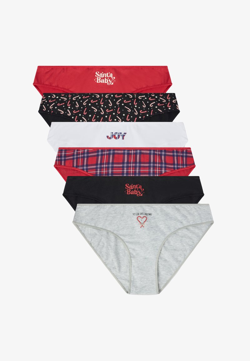 Sei mutande hipster da donna con motivi a tema natalizio, tra cui rosso, nero con bastoncini di zucchero, bianco con la scritta "JOY", a quadretti e grigio con un cuore a forma di bastoncino di zucchero.