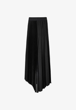 Black pleated maxi skirt with a wide waistband. Features a silky texture, asymmetric hem, and vertical pleats for a structured look.