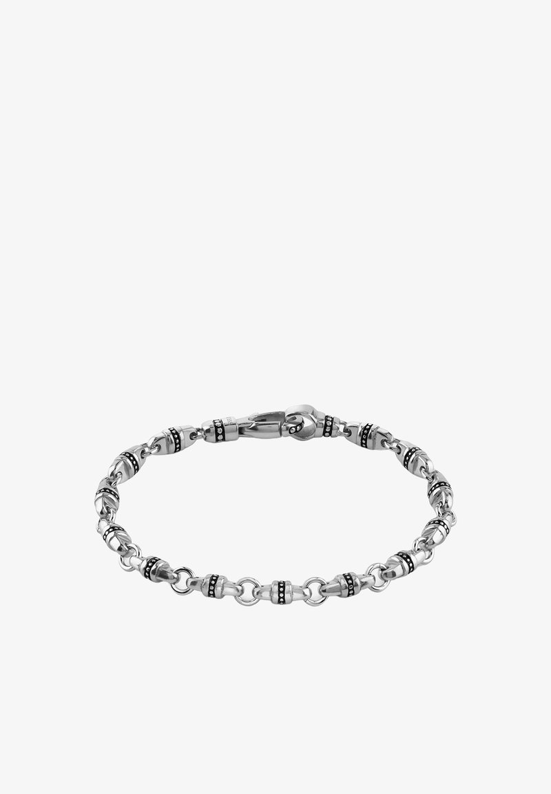 Bracelet chaîne en argent avec des maillons ovales alternant entre lisses et texturés, ornés de petits points noirs, et une fermeture à mousqueton.