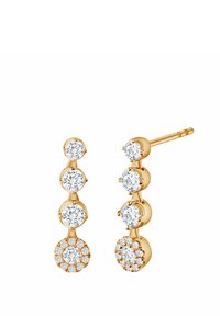 Złote kolczyki z trzema okrągłymi przezroczystymi kryształami w pionowej linii oraz większym okrągłym zbiorem mniejszych kryształów na dole.