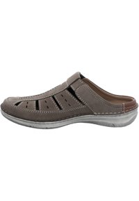 Graue Leder-Slipper mit Ausschnitten, gesteppten Akzenten und einer flexiblen Gummisohle. Das Design bietet eine abgerundete Zehenpartie und ein gepolstertes Innenleben.