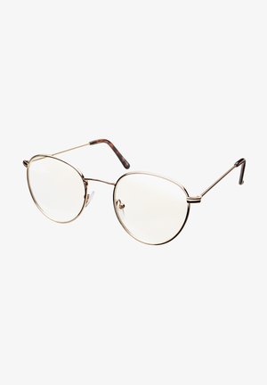 Gafas ópticas con marco de metal dorado, lentes ovalados y acentos transparentes. Las patillas tienen un patrón de carey. Los lentes son transparentes.