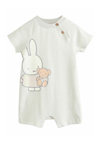 Light gray striped short-sleeve onesie with round neck, featuring a cartoon bunny holding a teddy bear, and wooden button accents.