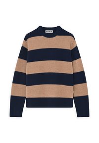 Pruhovaný sveter vyrobený z mäkkej pleteniny s širokými námorníckymi a pieskovými pruhmi, s klasickým výstrihom a rebrovanými manžetami a dolným lemom.