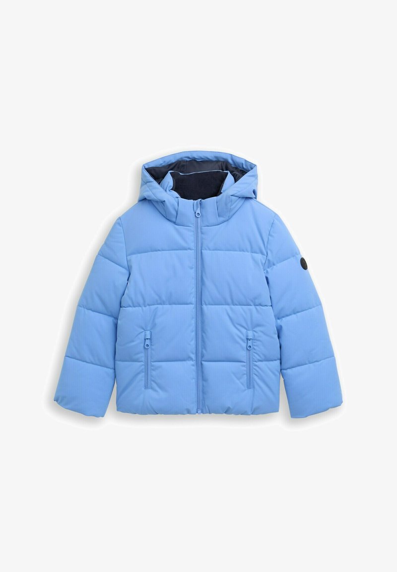 Šviesiai mėlynas pūkinių striukė su gaubtu, su užtrauktuku priekyje, dviem šoninėmis kišenėmis ir siūta izoliacija.