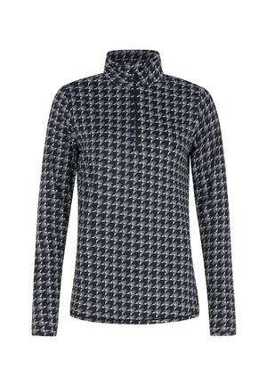 Langslavige pullover in een zwart-grijs houndstoothpatroon, met een half-rits kraag en zachte, gestructureerde stof voor comfort.