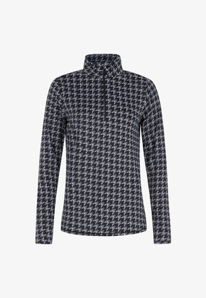 Langslavige pullover in een zwart-grijs houndstoothpatroon, met een half-rits kraag en zachte, gestructureerde stof voor comfort.