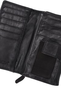 Black leather wallet featuring multiple card slots, a mesh ID window, and a textured finish. Compact design with a secure closure.
