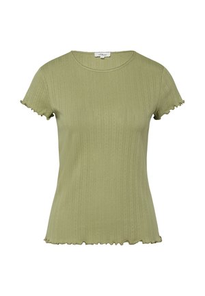 Top verde chiaro a maniche corte costellato con bordi smerlati sulle maniche e sull'orlo, scollatura tonda e delicato motivo verticale testurizzato.