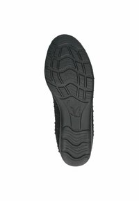 Semelle de chaussure en caoutchouc noir avec motif de grip texturé, présentant des crêtes surélevées et un logo en forme de papillon, taille 37, conçue pour l'adhérence et la stabilité.