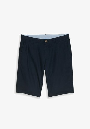 Shorts homme bleu marine foncé ajustés, avec bouton devant, passants pour ceinture et poches latérales sur fond blanc.