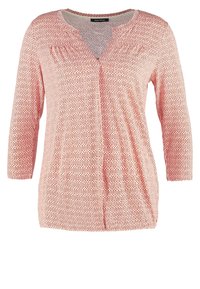 Langærmet bluse til kvinder i pink og hvidt mønster med V-hals og diskret plissering foran, lavet af letvægtsstof.