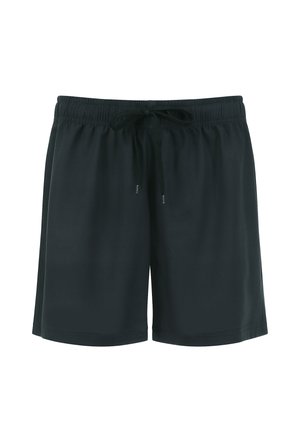 Schwarze Freizeithosen mit elastischem Bund und verstellbarem Tunnelzug, aus glattem Stoff, auf weißem Hintergrund dargestellt.