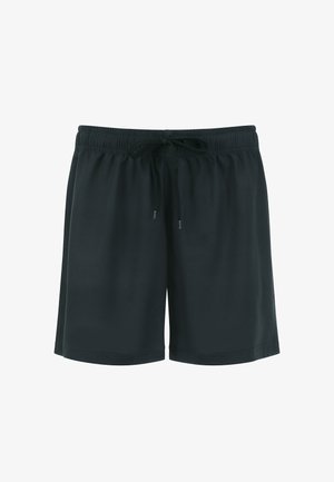 Black casual shorts with an elastic waistband and adjustable drawstring, made of smooth fabric, displayed on a white background.