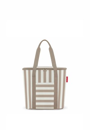 Borsa termica a righe beige e bianche con chiusura a zip e doppi manici a spalla.