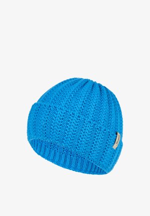 Bright blue knitted winter beanie with ribbed pattern and a small beige brand tag on the side against a white background.