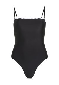Melnas viengabala peldkostīms ar plānām plecu siksnām un baltu viļņotu apdari gar dekoltē līniju, parādīts uz balta fona.