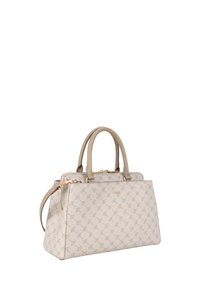 Beige patroon draagtas met twee handvatten en een afneembare schouderriem. Voorzien van goudkleurige hardware en een ritssluiting.