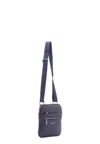 Borsa a tracolla blu navy realizzata in materiale testurizzato, dotata di tasca con zip, tracolla regolabile e branding minimale sulla parte anteriore.