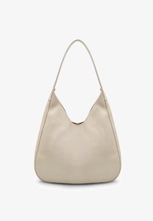 Borsa a hobo in pelle beige con texture liscia, apertura a forma di U e una singola tracolla curva, caratterizzata da un design minimalista.