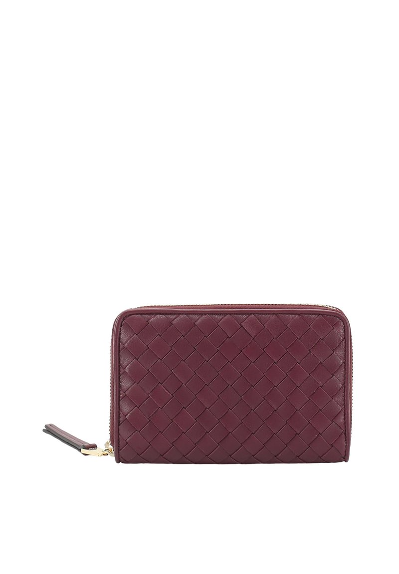 Burgundy leather wallet, textured with woven pattern, featuring a gold zipper and a small leather zipper pull on the side.