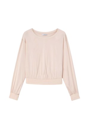 Maglietta a maniche lunghe di un delicato rosa, realizzata in un tessuto liscio e morbido. Presenta un collo rotondo, una vita elasticizzata e polsini aderenti.