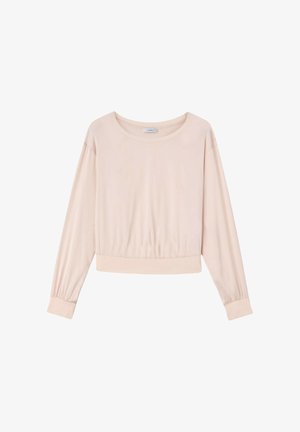 Blusa de manga larga de color rosa claro, hecha de un tejido suave y liso. Presenta un escote redondeado, cintura elástica y puños ajustados.