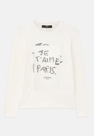 Lange mouwen, crème katoen shirt met een centraal grafisch ontwerp met de tekst "Je t’aime Paris" in het zwart, met een rechthoekige vorm en een ontspannen pasvorm.