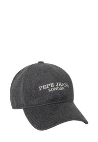 Grijze vilten honkbalpet met een gebogen klep, voorzien van geborduurde tekst "PEPE JEANS LONDON" in wit. Verstelbare band aan de achterkant.