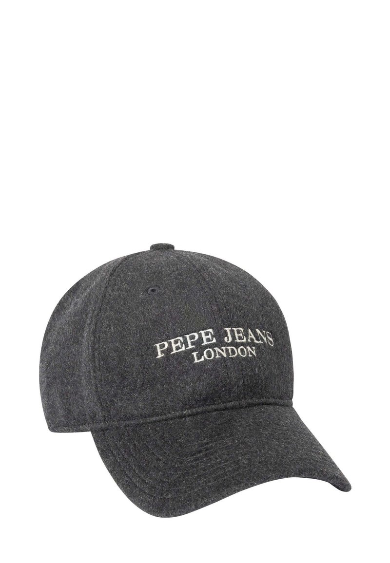 Grijze vilten honkbalpet met een gebogen klep, voorzien van geborduurde tekst "PEPE JEANS LONDON" in wit. Verstelbare band aan de achterkant.