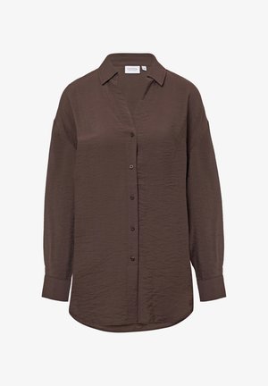 Braune, langärmlige Button-Down-Hemd aus leichtem, zerknittertem Stoff. Hat einen Kragen und einen abgerundeten Saum.