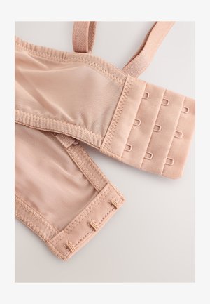 Sutien roz deschis cu bretele reglabile, material neted, închidere cu cârlig și ochi, și cusături întărite. Are textură moale din plasă și accente elastice.