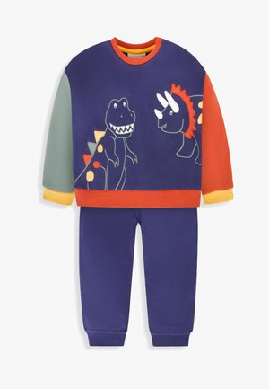 To-delt børnetøj bestående af en lilla sweatshirt med dinosaur-designs og flerfarvede ærmer, parret med matchende lilla bukser.