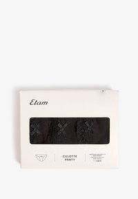 Lot de trois culottes culotte noires bordées de dentelle, présentées dans une boîte blanche de marque Etam avec une fenêtre transparente et les détails du produit.