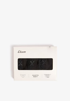 Lot de trois culottes culotte noires bordées de dentelle, présentées dans une boîte blanche de marque Etam avec une fenêtre transparente et les détails du produit.