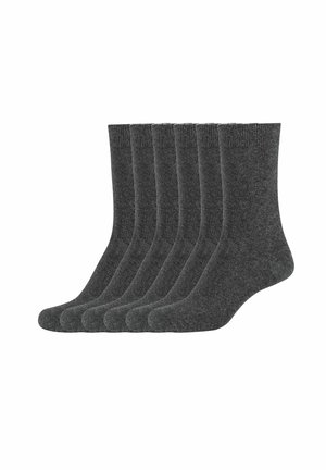 Sechs Paare dunkelgrauer Socken aus einem weichen, dehnbaren Strickmaterial, mit gerippten Bündchen und glatten Zehennähten.